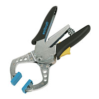 Variable clamping force with removable soft pads to reveal metal v-groove plates for welding. Jaw