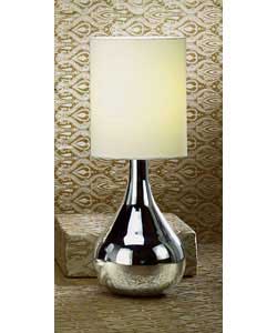 Energy efficient chrome plate ceramic base table lamp with a white shade.Height 45cm.Diameter