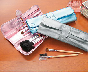 Cosmetic Brush Set In Colourful Leather Roll. 8 top-quality cosmetic brushes in a smart leather case