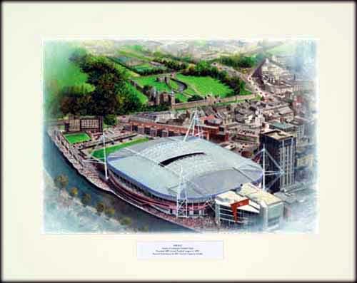 This high quality special edition artist print by Kevin Fletcher depicts an aerial view of the stadi