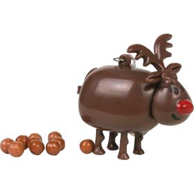 Each time the tiny 5cm plastic reindeer`s back is pushed he deposits a tangy brown sweet on the