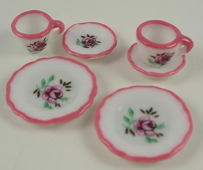 Miniature Pink Floral Cups Saucers & Tea Plates