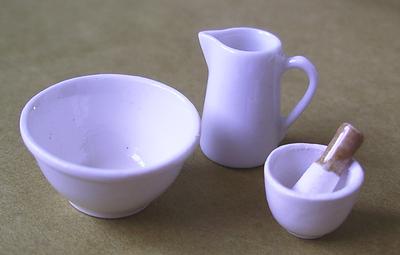 Miniature Porcelain Jug- Mixing Bowl- Pestle &