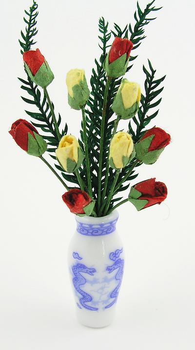 Miniature Rose & Fern Display In Porcelain Vase