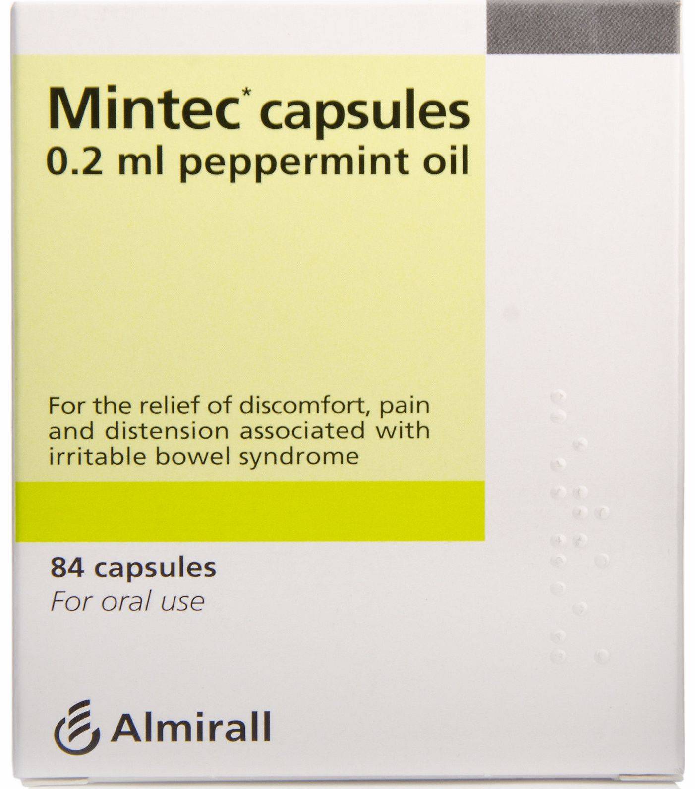 Mintec Cap is formulated to help you relieve unpleasant symptoms of irritable bowel syndrome (IBS) as it contains a soothing oil extracted from the peppermint plant; it works to relax spasm in the muscle of the bowel wall and helps restore normal bow