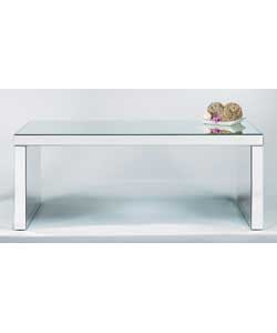 MDF and mirror glass coffee table.Size (L)96.5, (W)48, (H)46cm.Weight is in excess of 20kg.Packed