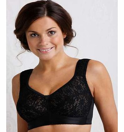 Soft cup bra with comfortable, wide, padded shoulder straps which are non-adjustable. Made from a beautiful elastic lace and soft and shiny elastic fabric. Features adjustable hook and eye fastening. Ideal to use as an activity bra and comfortable en