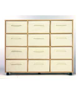 Includes 12 canvas drawers.Castors.Size (H)89.3, (W)110, (D)30.Packed flat for easy self assembly