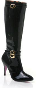 Patent high leg boot with three buckled straps and high covered heel. The Modil boots have a zipped 