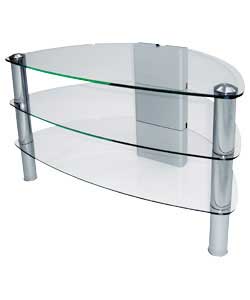 Suitable for up to 28in CRT and 32in LCD TVs. Constructed of glass, Aluminium and MDF. 3 toughened g