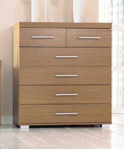 Oak effect with straight edging and silver effect H shape plastic handles.Metal drawer