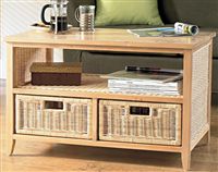 Solid topped natural pine furniture with rattan shelving, drawers and contemporary feet design