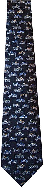 A lovely motorbike tie with lots of little coloured motorbikes on a black background
