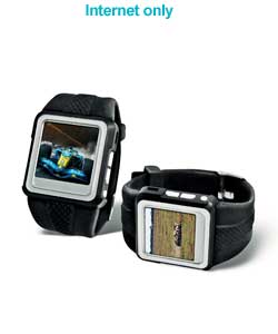 MP4 and MP3 playback with sound via earphones.Black and silver rectangular case with black strap.Dig