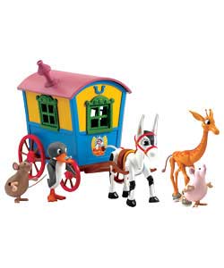 Includes five characters to play with. The Caravan can be attached to Muffin so he can pull it