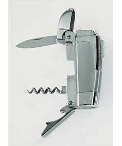 Multi tool gas lighter in satin chrome, includes corkscrew, bottle opener and penknife. Supplied in