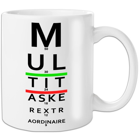 Multitasker Eye Test Mug If you are looking for gifts for men, a mug is something everyone can use. This novelty mug contains a naughty word hidden in the eye test lettering, so its ideal for those men who enjoy rude mugs. See the other novelty mugs 