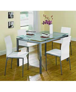 Naples Table and 4 Chairs.Contemporary dining suite with silver coloured metal frames and frosted te