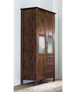 Solid pine stained and lacquered in a warm dark brown colour.Frosted acrylic glass in doors.Metal