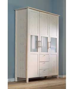 Solid pine stained in a white wax with lacquer. Frosted acrylic glass in doors.Metal handles.Metal