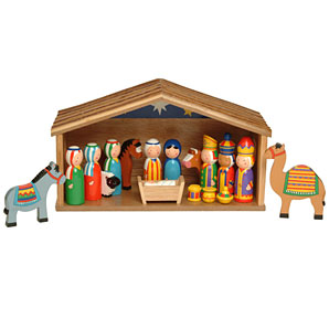 Charming Nativity scene to enchant children and adults alike. The set includes a stable, baby Jesus,