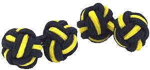 A pair of navy and yellow elastic knot cufflinks.