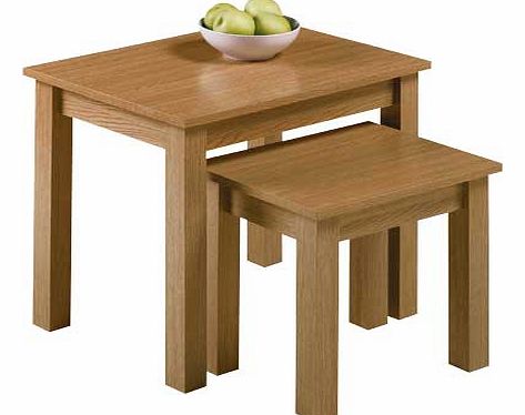 This nest of tables in a classic oak effect is stylish and functional in your home. A great space saver and ideal for a range of uses. These tables are attractive and practical at the same time. Collect in store today. Size of largest table H47. W56.