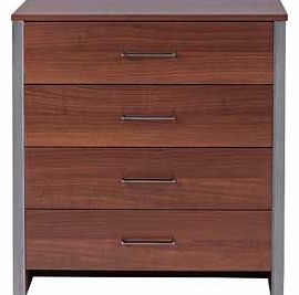 Add a modern touch to any bedroom with the New Genova collection. This walnut effect four drawer chest would make a sleek and elegant storage solution for your home. Make use of the spacious four drawers and display your mementos and photo frames on 