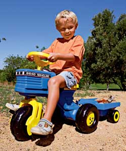 Tractor has adjustable seat.3 chunky wheels.Anti-slip peddles with an over-sized front fork and stee
