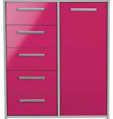 Combining a gloss finish. clean lines and sleek metal handles. the New Sywell range is sure to bring any bedroom up to date. The perfect home for your clothing collection. this stunning and vibrant five drawer. one door chest will really add a modern