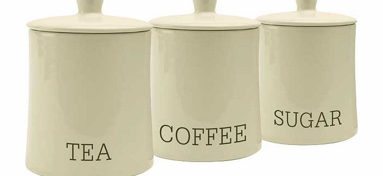These classic design tea. coffee and sugar jars will end rooting around in the cupboard for a teabag. and they look great on your worktop too! Set of 3. Tea. coffee. sugar canisters. Size H15cm. Diameter 10cm. EAN: 8423304.