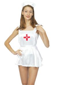 A very short, sexy nurses outfit. Silk effect apron with the red cross on the front and headpiece in