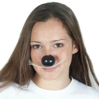 This is a shiny black nose with attached whiskers. Works in the same way a red nose does except