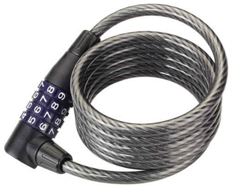POPULAR COIL CABLE LOCK WITH RESETTABLE 4 DIGIT COMBINATION MECHANISM. 8MM X 150CM. ABUS LEVEL 4