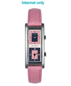 Pink and grey dial with scratch resistant glass.Stainless steel rectangular case with pink strap.Dua