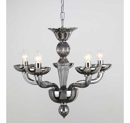 The Oasis 5 Light Smoke Glass Chandelier is traditional yet modern. Complete with beautifully crafted ornate glass frame and 5 cascading arms. Stylish and elegant. this chandelier will make an ideal focal point for any room. Size H50. W55. D55cm. Dro