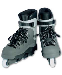 2 piece polyurethane boot in two tone grey. 3 piece nylon sole plate on both sides, lace and buckle