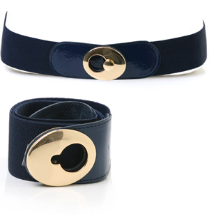Elastic waist belt with faux leather effect tabs and a large lock-shaped buckle. The fabulous Olock 