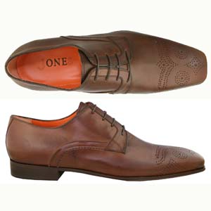 A 4 eyelet Derby shoe from the `One` range by Jones Bootmaker. With modern brogue detail to toe area