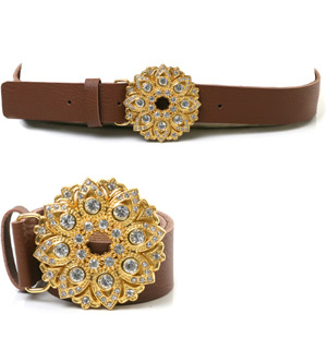 Leather jeans or trouser belt with diamante encrusted, flower-shaped buckle. The glitzy Opetal belt 