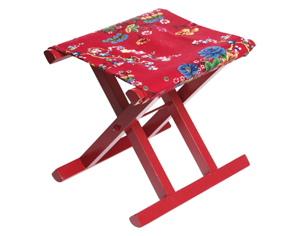 Brightly painted red stool with funky printed canvas, perfect for parties, Barbeques, and unexpected