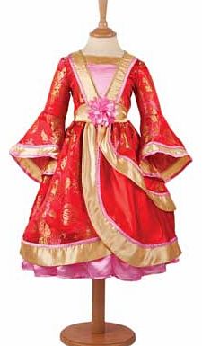 This sumptuous oriental themed princess dress in reds. pinks and gold is finished with shimmering pink flowers at the waist. whilst the hooped skirt gives the dress a lovely full shape. Suitable for height 134 to 146cm. For ages 9 years and over. Pol