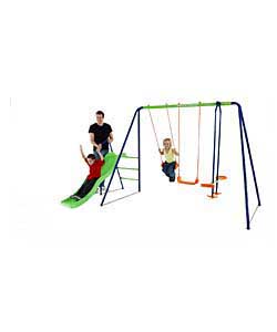 2 height adjustable rope swings, glide rider for 2 children and wavy slide. Maximum load ride 45kg