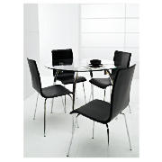 Orso dining table, glass and chrome with 4 chairs, black, features a modern stylish table with chrom