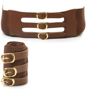 Wide elastic waist belt featuring leather trims and three gold-coloured buckles fastening. Sexy and 