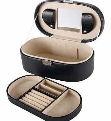 Unlock this stylish black faux leather jewellery box to discover individual lift-out travel compartment with extra space for your possessions. perfect for home and travel. Lift the lid to find extra hanging space for earrings and handy pocket-sized m