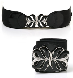 Elastic waist belt with patent tabs detail and a large vintage style enamel buckle. The gorgeous Ovi
