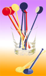 Assorted, brightly coloured, paddle and disc-head plastic stirrers.8.5/21.6cm long. Bagged and sold