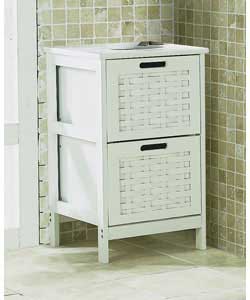 White satin finish MDF 2 drawer cabinet with solid top, open frame sides and wicker-weave style draw