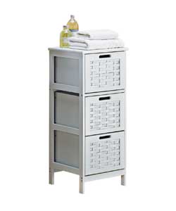 White satin finish MDF 3 drawer cabinet with solid top, open frame sides and wickerweave style drawe